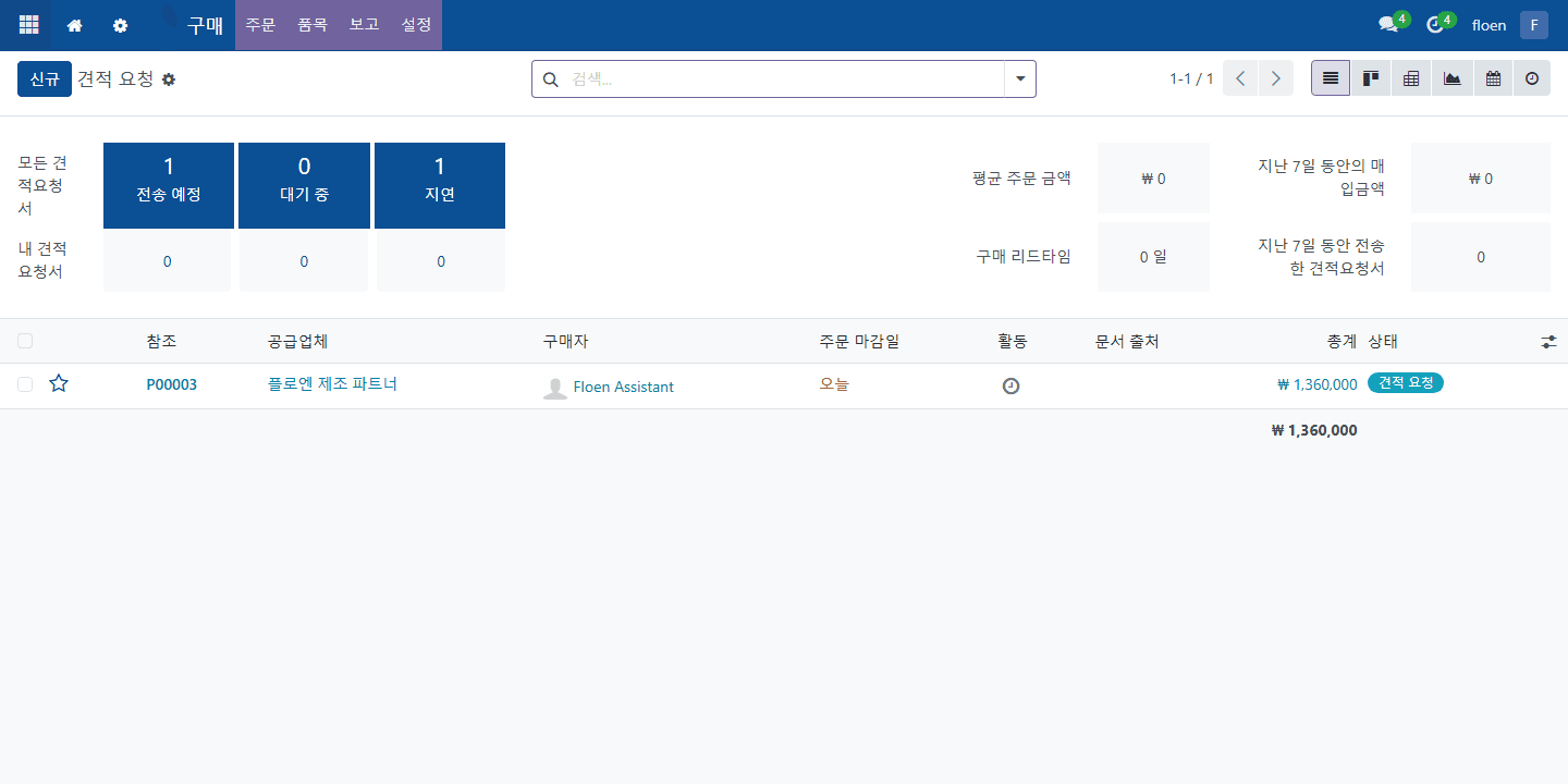 Floen ERP 구매와 재고 구매 요청 화면
